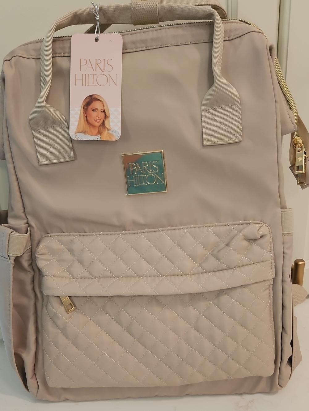 Paris Hilton Travel Laptop Bag NIB Tan Nylon Fits 14" Laptop Hinged Zippered